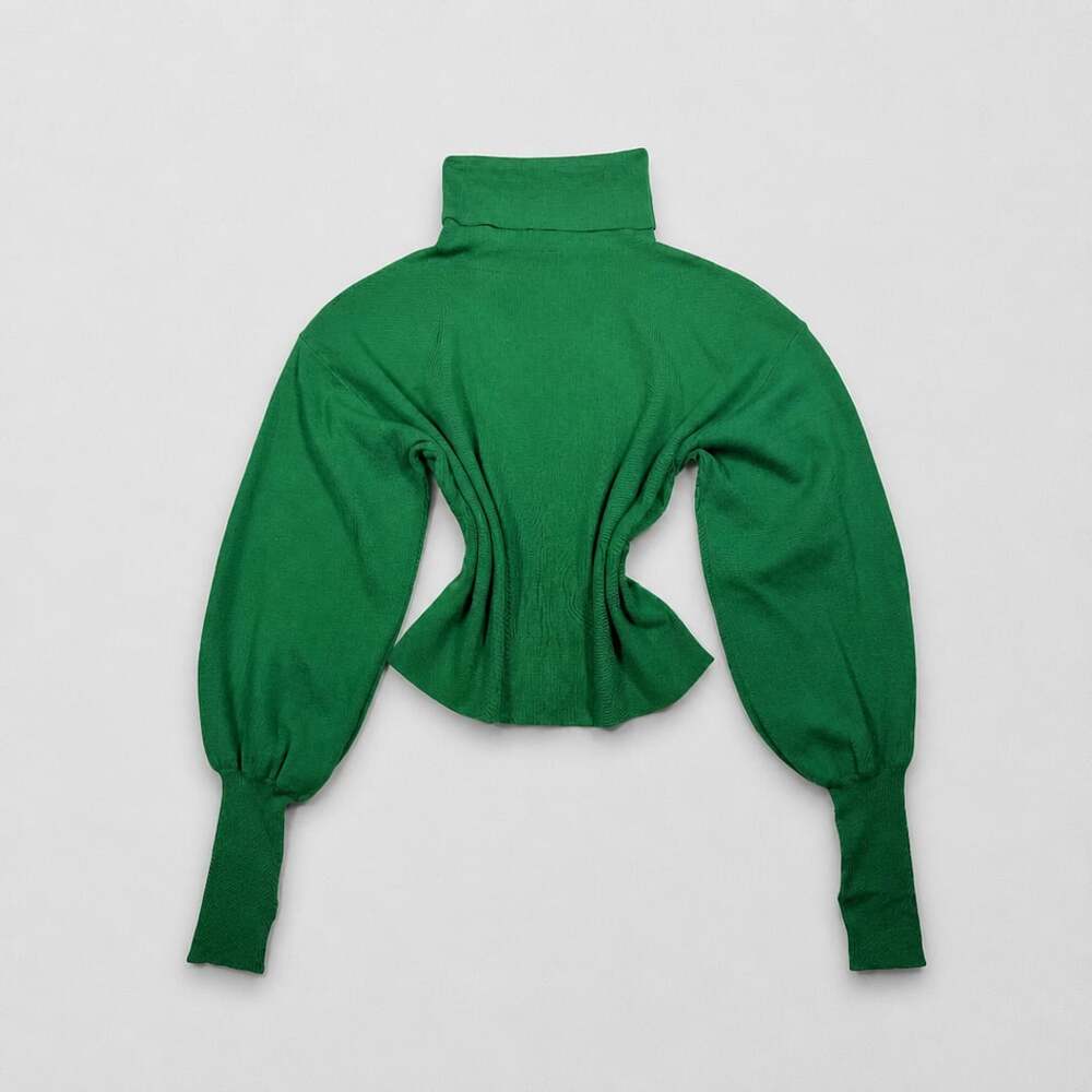 Silk & Salt Green Mock Neck Turtleneck Sweater with Puff Sleeves M